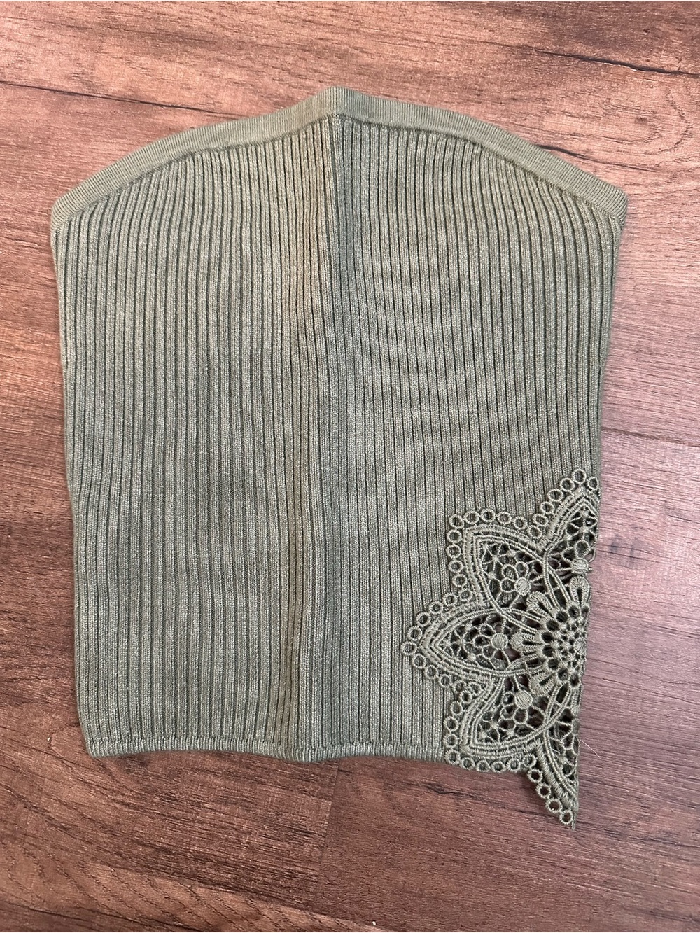 aerie Olive Green Ribbed Off-Shoulder Sweater with Lace Appliqué